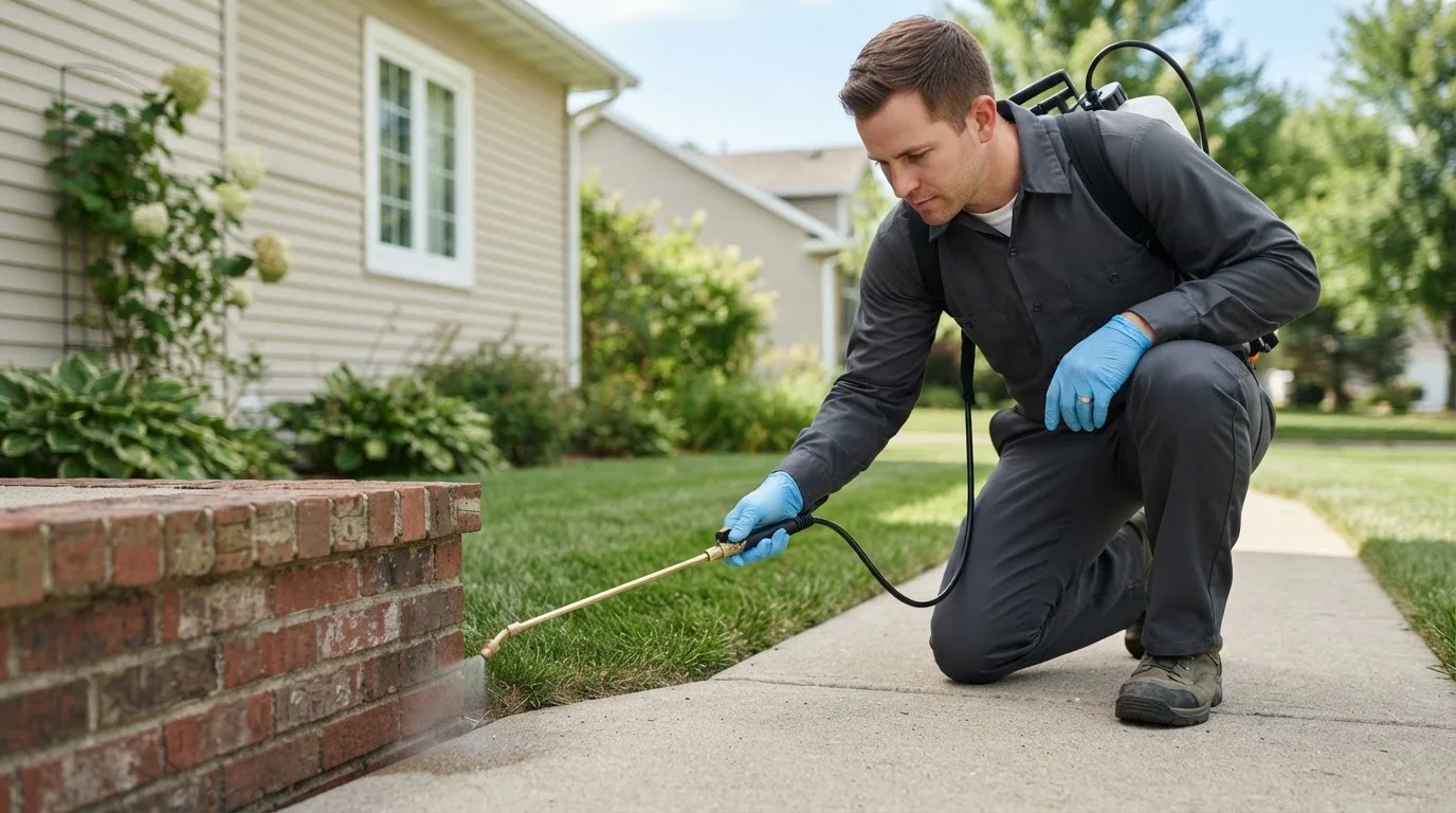 Pest control technician treating a home near New Marshfield, OH