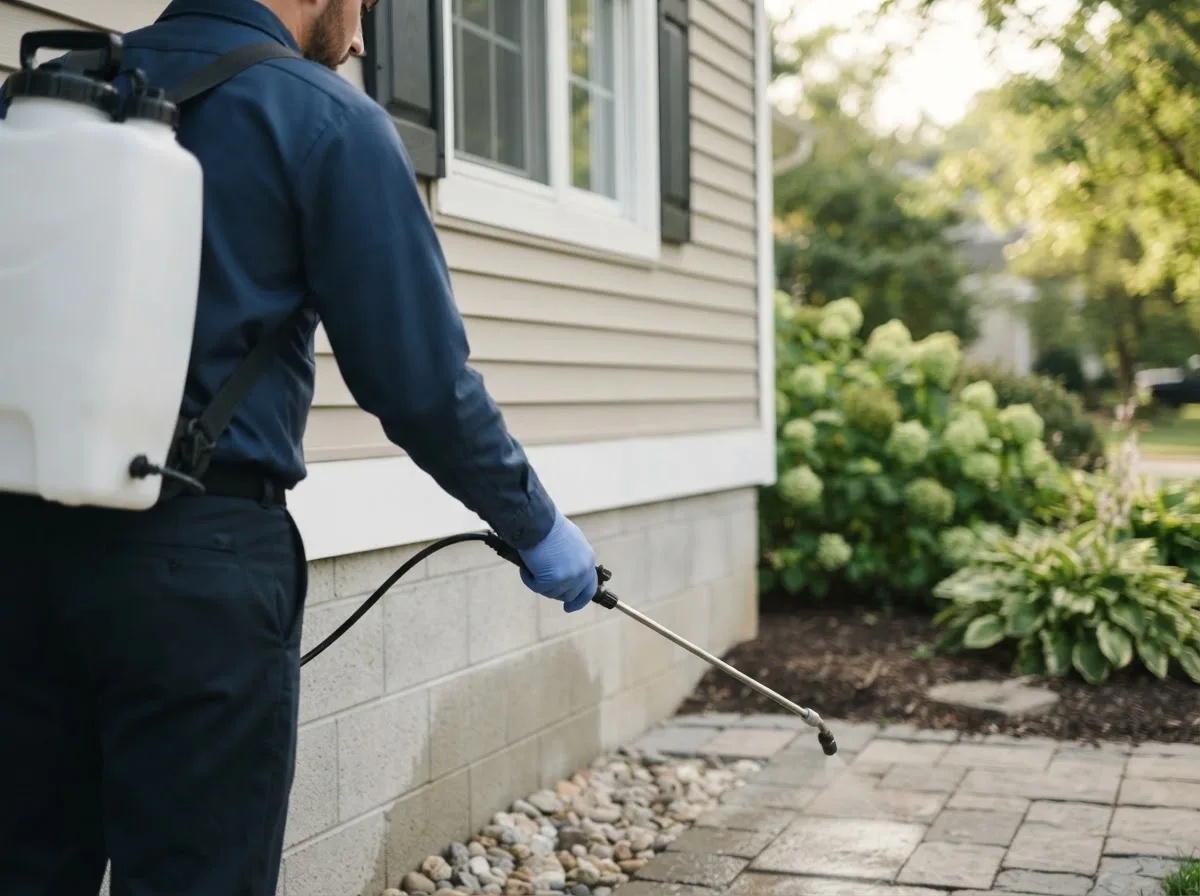 Pest control technician inspecting a home in New Marshfield, OH